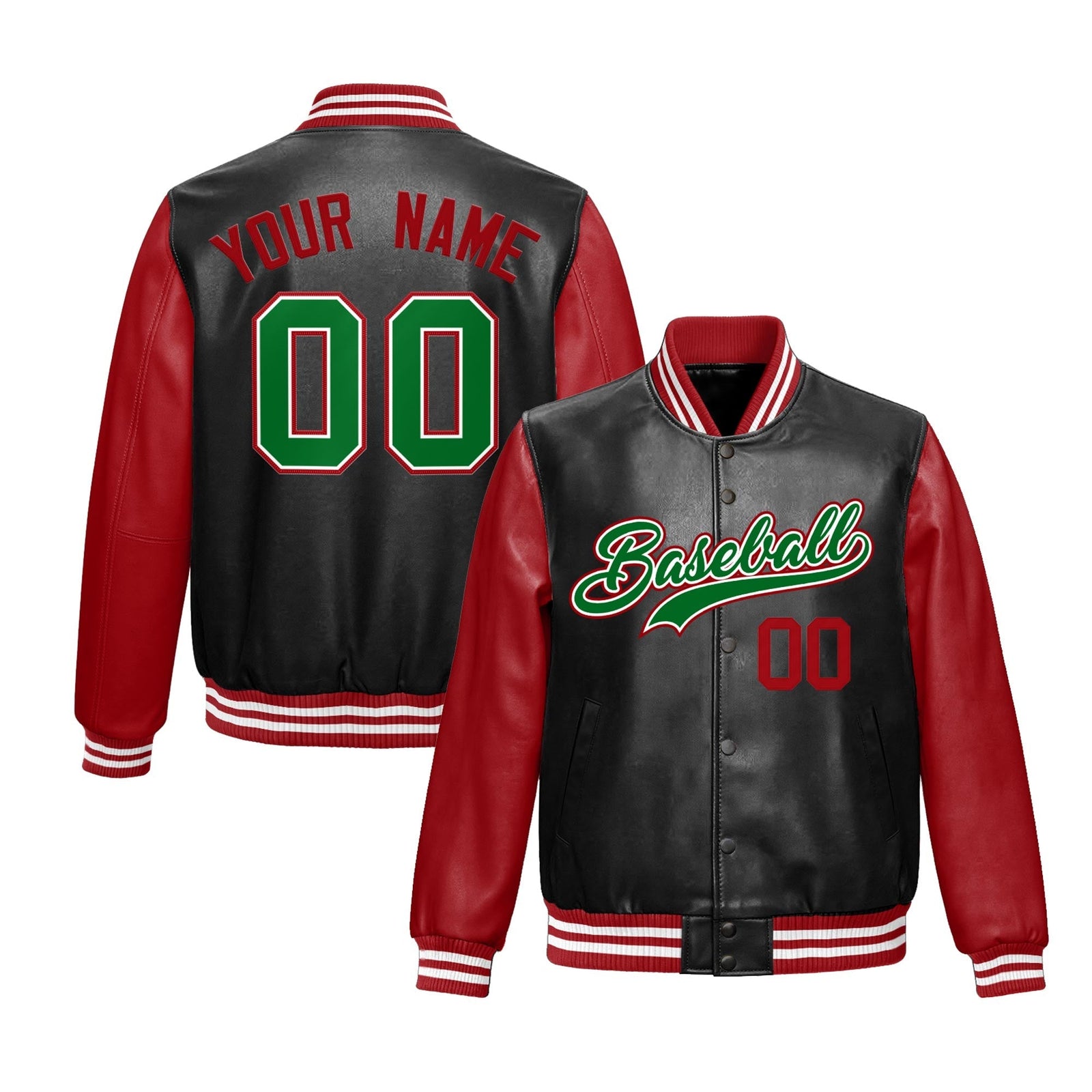 Custom Black Red Kelly Green Raglan Sleeves Full-Snap Varsity Faux Leather Letterman Jacket