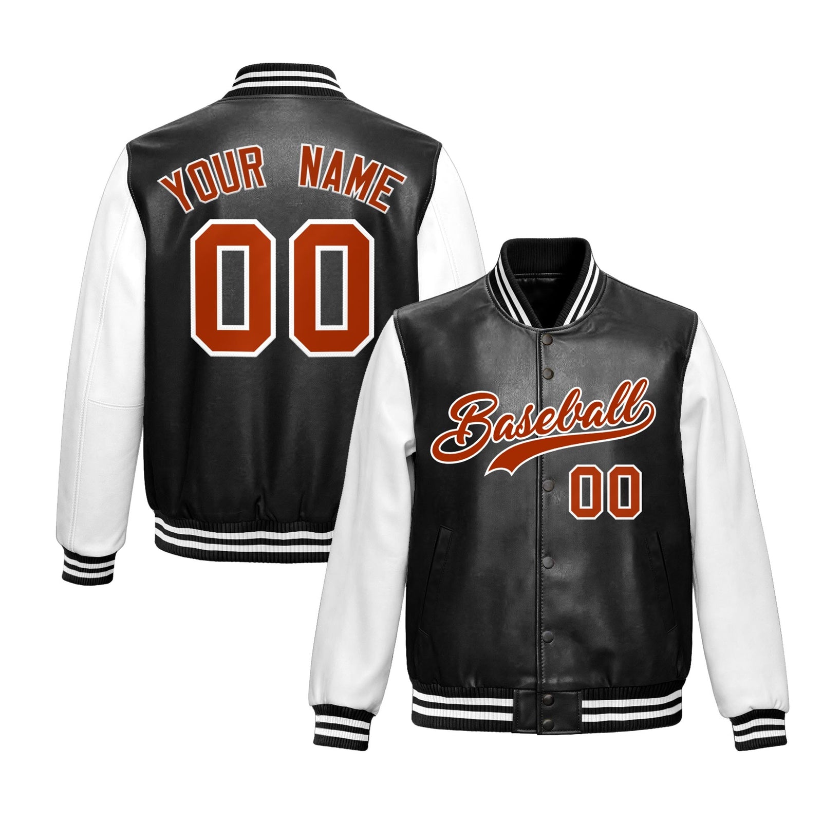 Custom Black White Dark Orange Raglan Sleeves Full-Snap Varsity Faux Leather Letterman Jacket