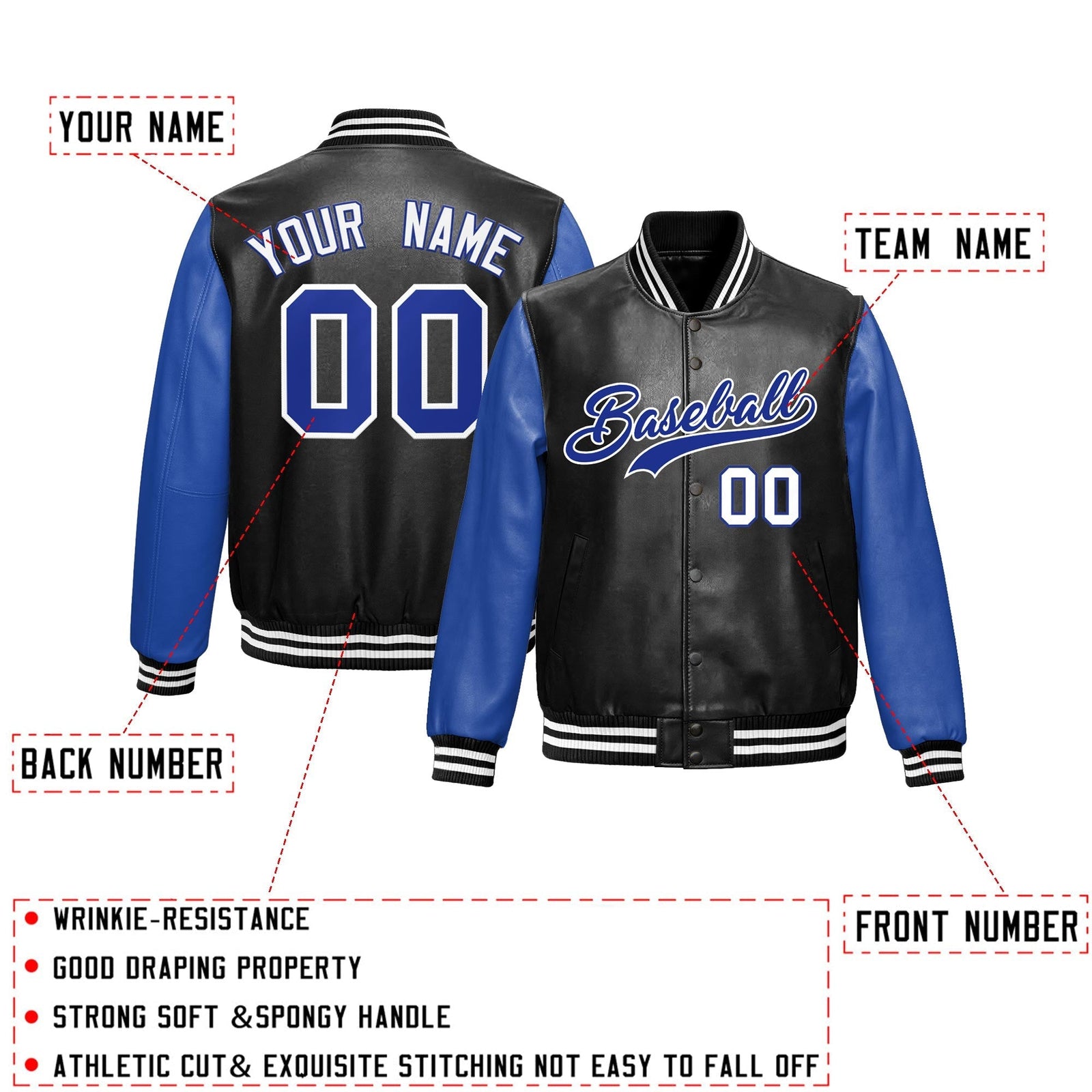 Custom Black Royal Blue Raglan Sleeves Full-Snap Varsity Faux Leather Letterman Jacket