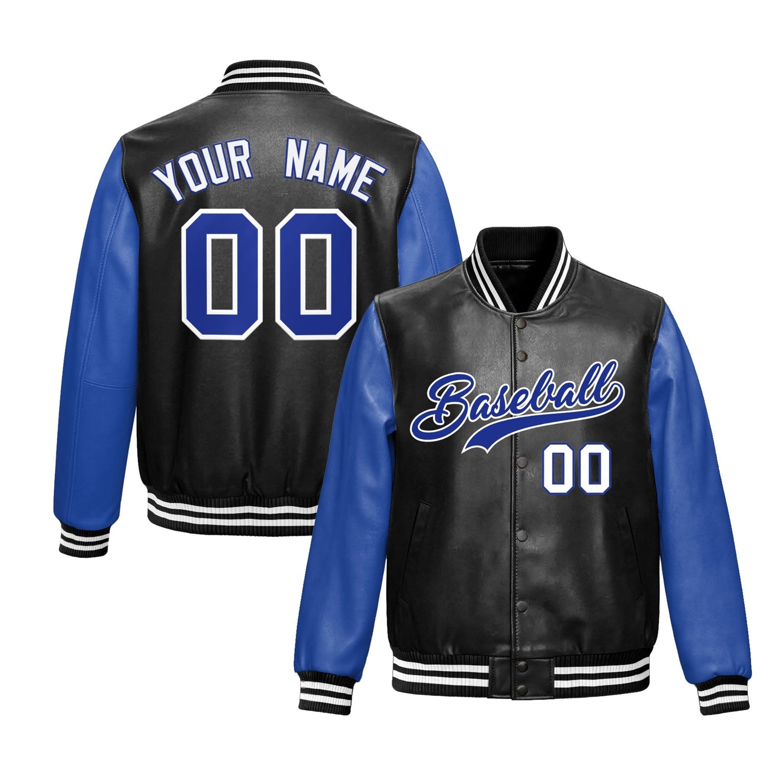 Custom Black Royal Blue Raglan Sleeves Full-Snap Varsity Faux Leather Letterman Jacket