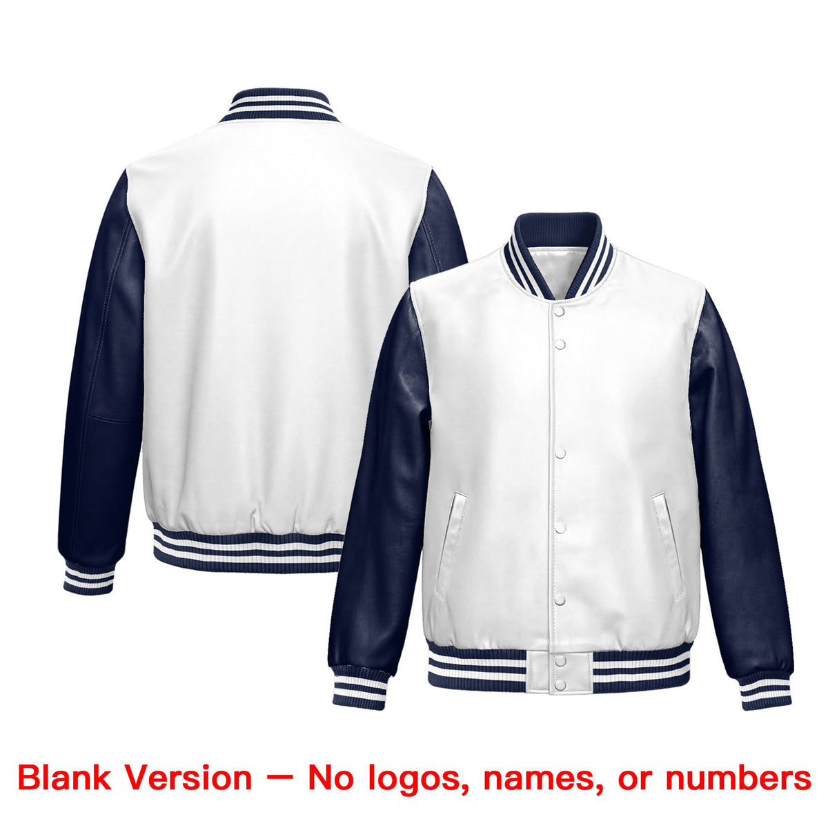 Custom Navy White Raglan Sleeves Full-Snap Varsity Faux Leather Letterman Jacket