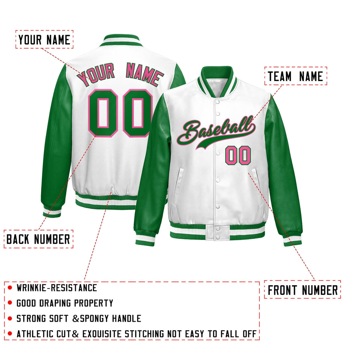 Custom Kelly Green White Raglan Sleeves Full-Snap Varsity Faux Leather Letterman Jacket