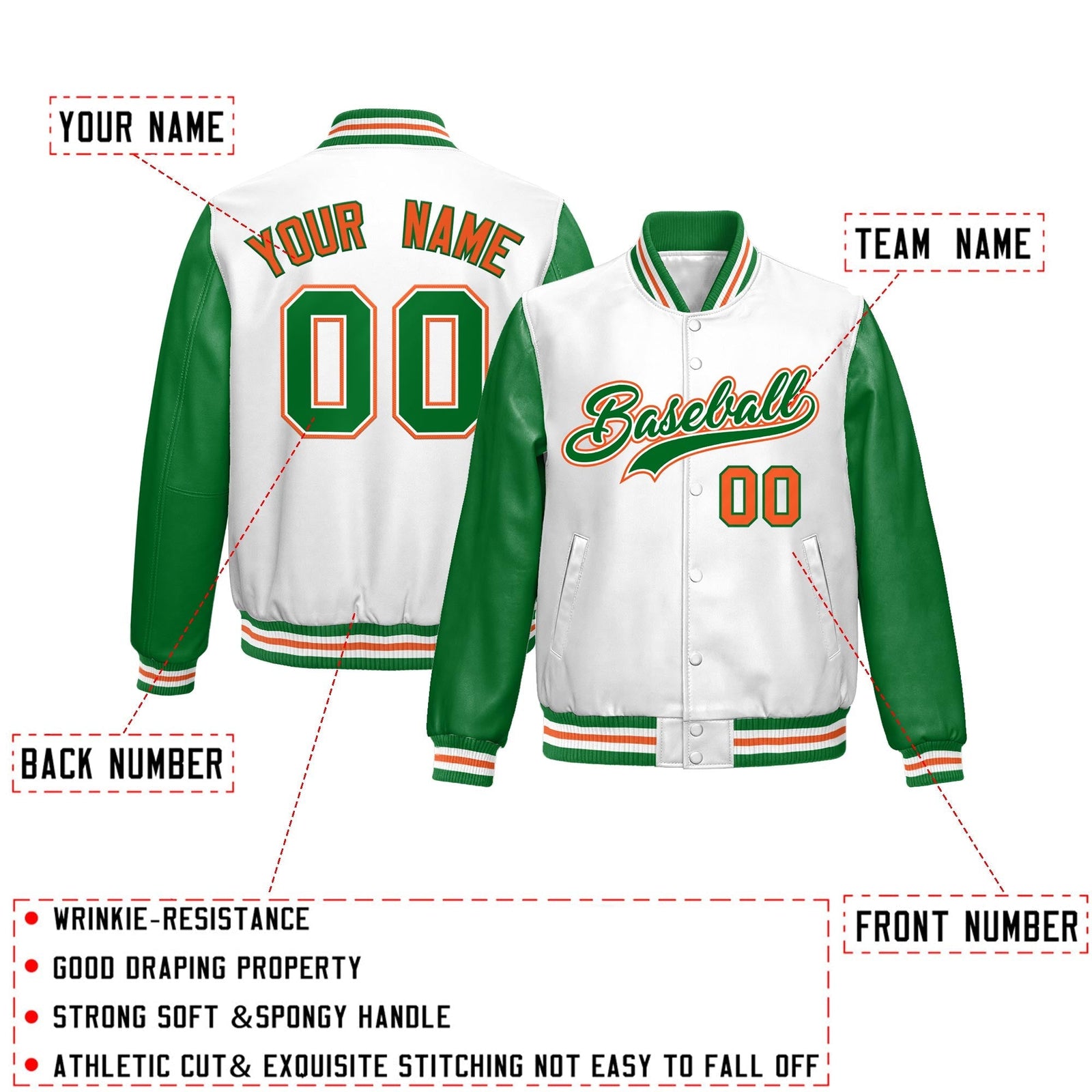 Custom White Kelly Green Raglan Sleeves Full-Snap Varsity Faux Leather Letterman Jacket