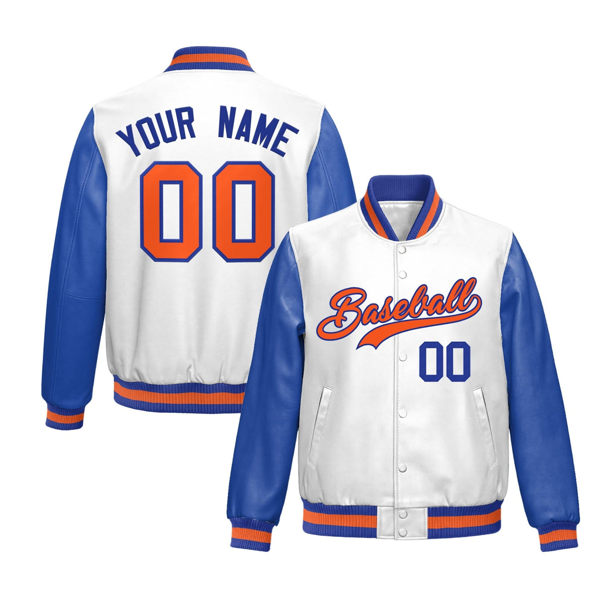 Custom White Royal Blue Raglan Sleeves Full-Snap Varsity Faux Leather Letterman Jacket