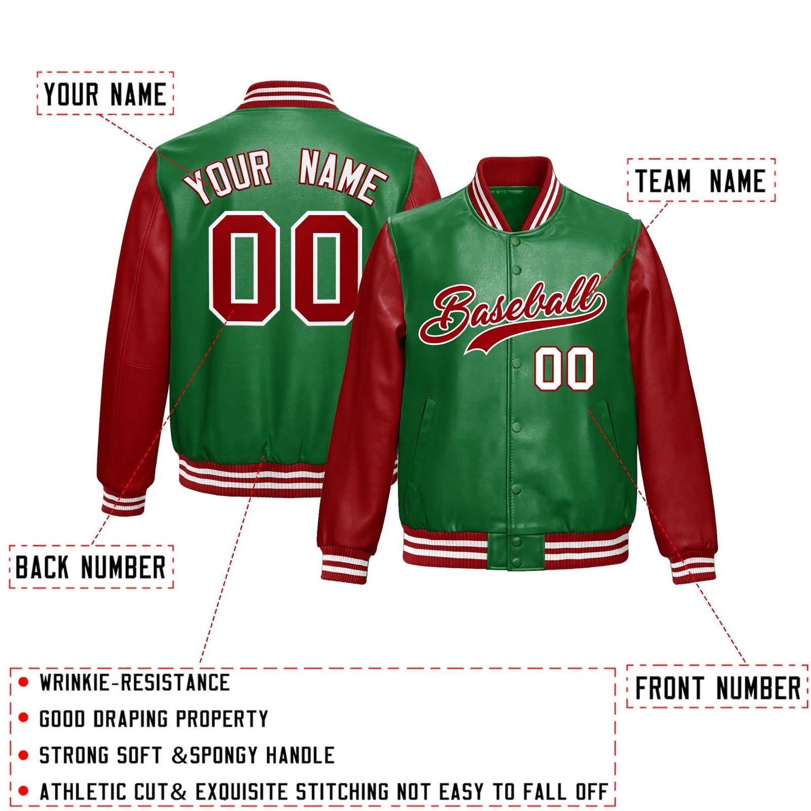 Custom Kelly Green Red Raglan Sleeves Full-Snap Varsity Faux Leather Letterman Jacket