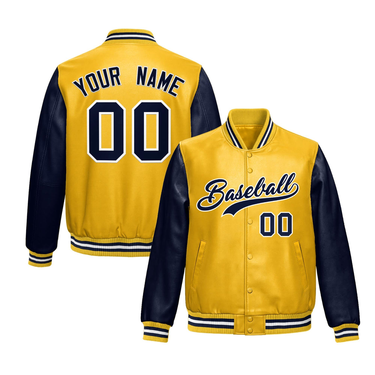 Custom Yellow Navy Raglan Sleeves Full-Snap Varsity Faux Leather Letterman Jacket