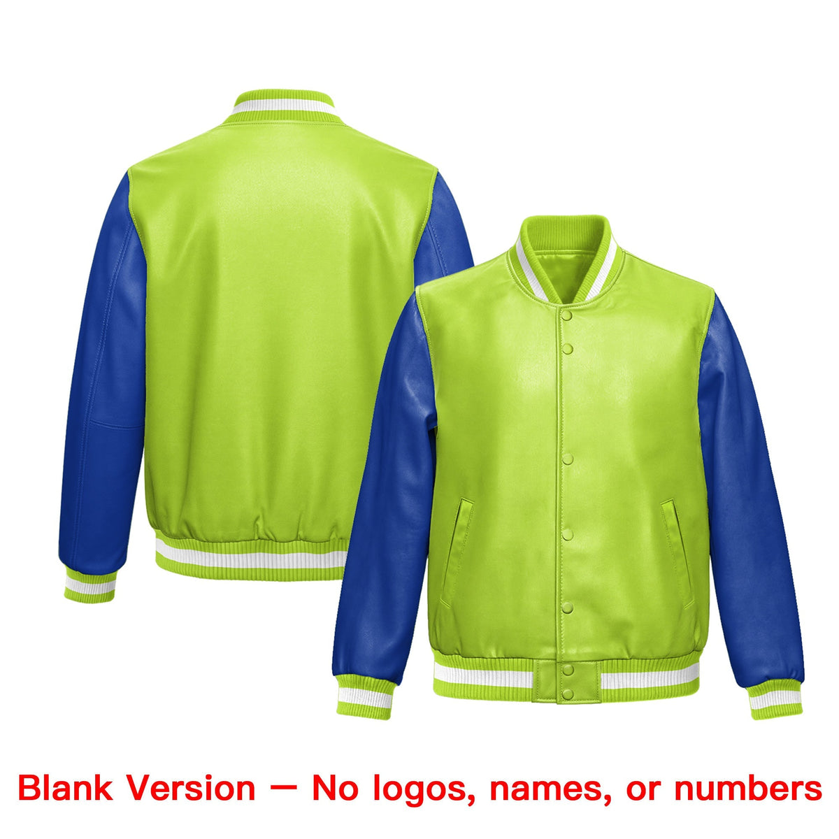 Custom Neon Green Royal Blue Raglan Sleeves Full-Snap Varsity Faux Leather Letterman Jacket