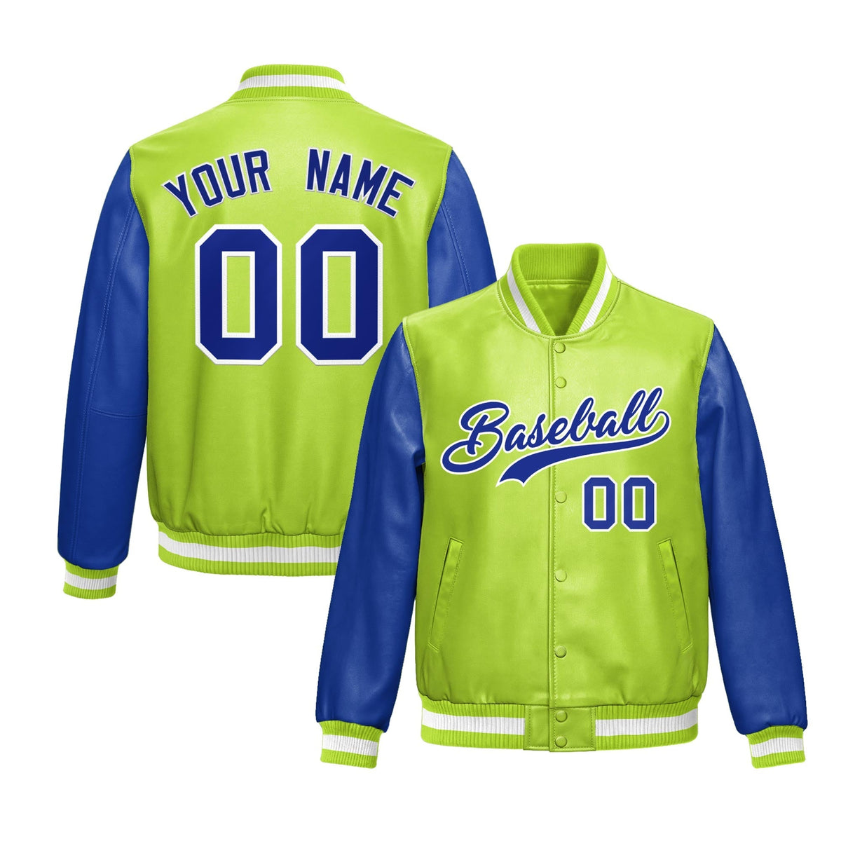 Custom Neon Green Royal Blue Raglan Sleeves Full-Snap Varsity Faux Leather Letterman Jacket