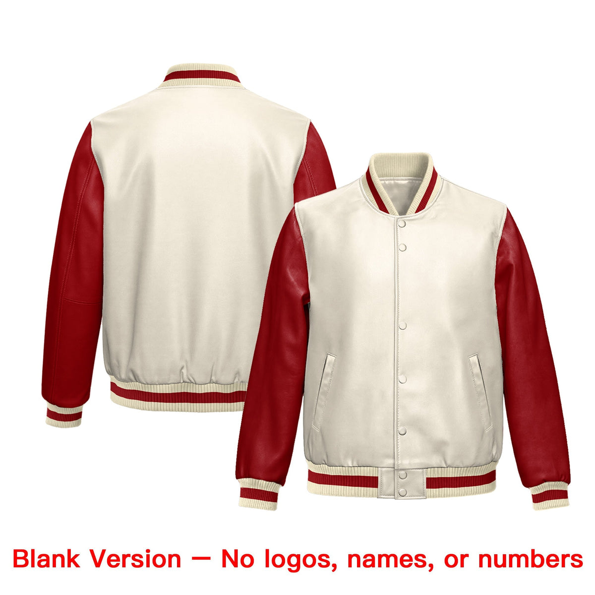 Custom Cream Red Raglan Sleeves Full-Snap Varsity Faux Leather Letterman Jacket