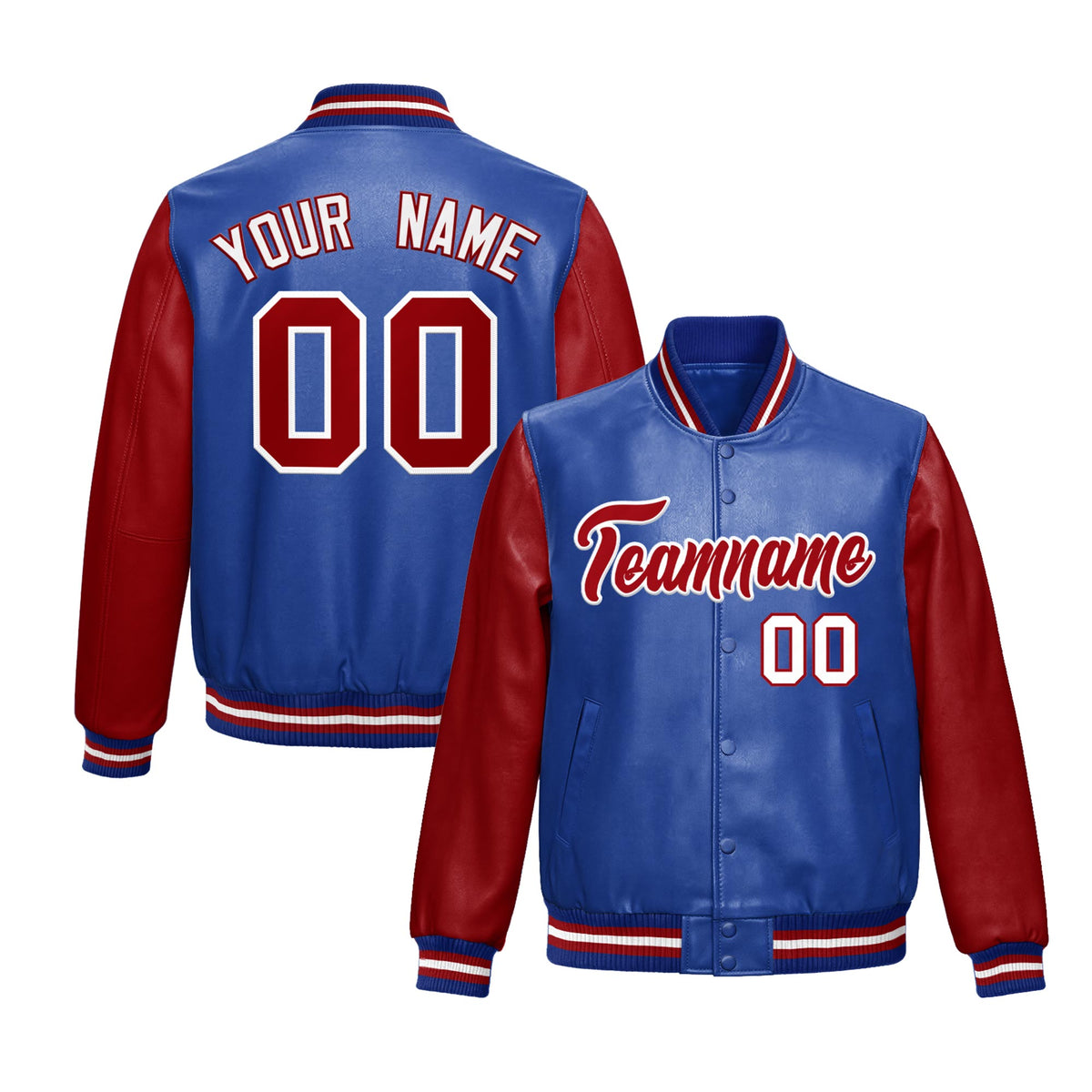 Custom Royal Blue Red Raglan Sleeves Full-Snap Varsity Faux Leather Letterman Jacket