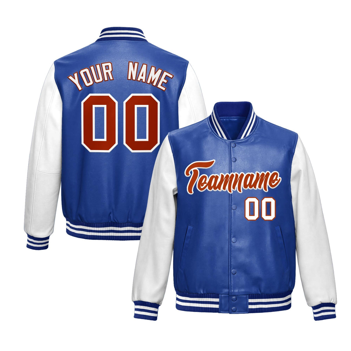 Custom Royal Blue White Raglan Sleeves Full-Snap Varsity Faux Leather Letterman Jacket