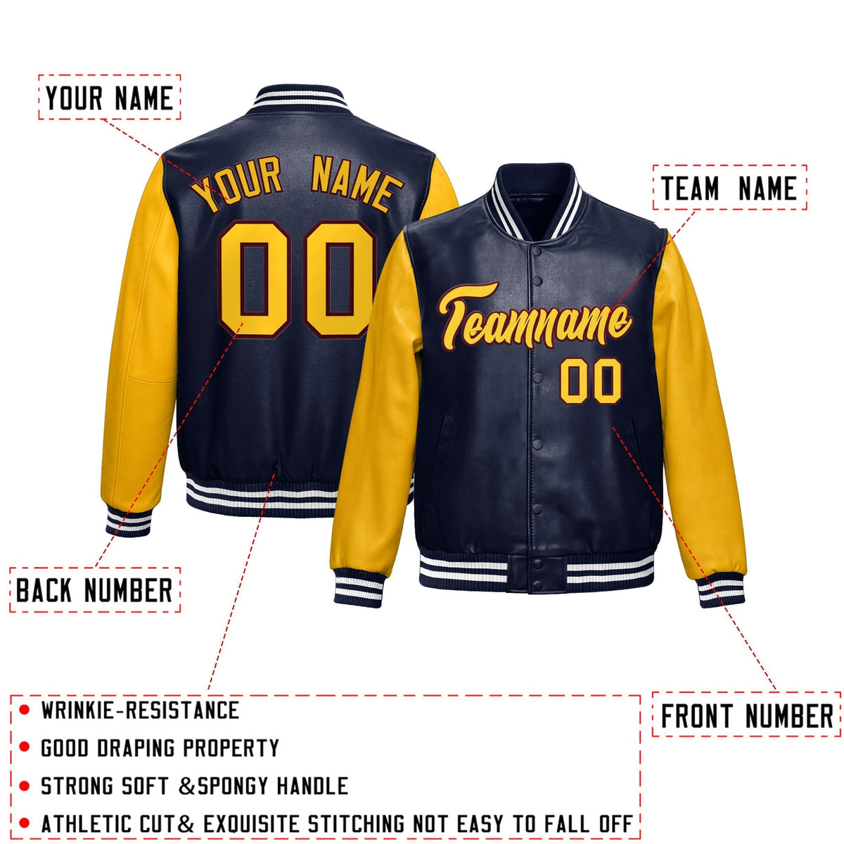Custom Navy Yellow Raglan Sleeves Full-Snap Varsity Faux Leather Letterman Jacket