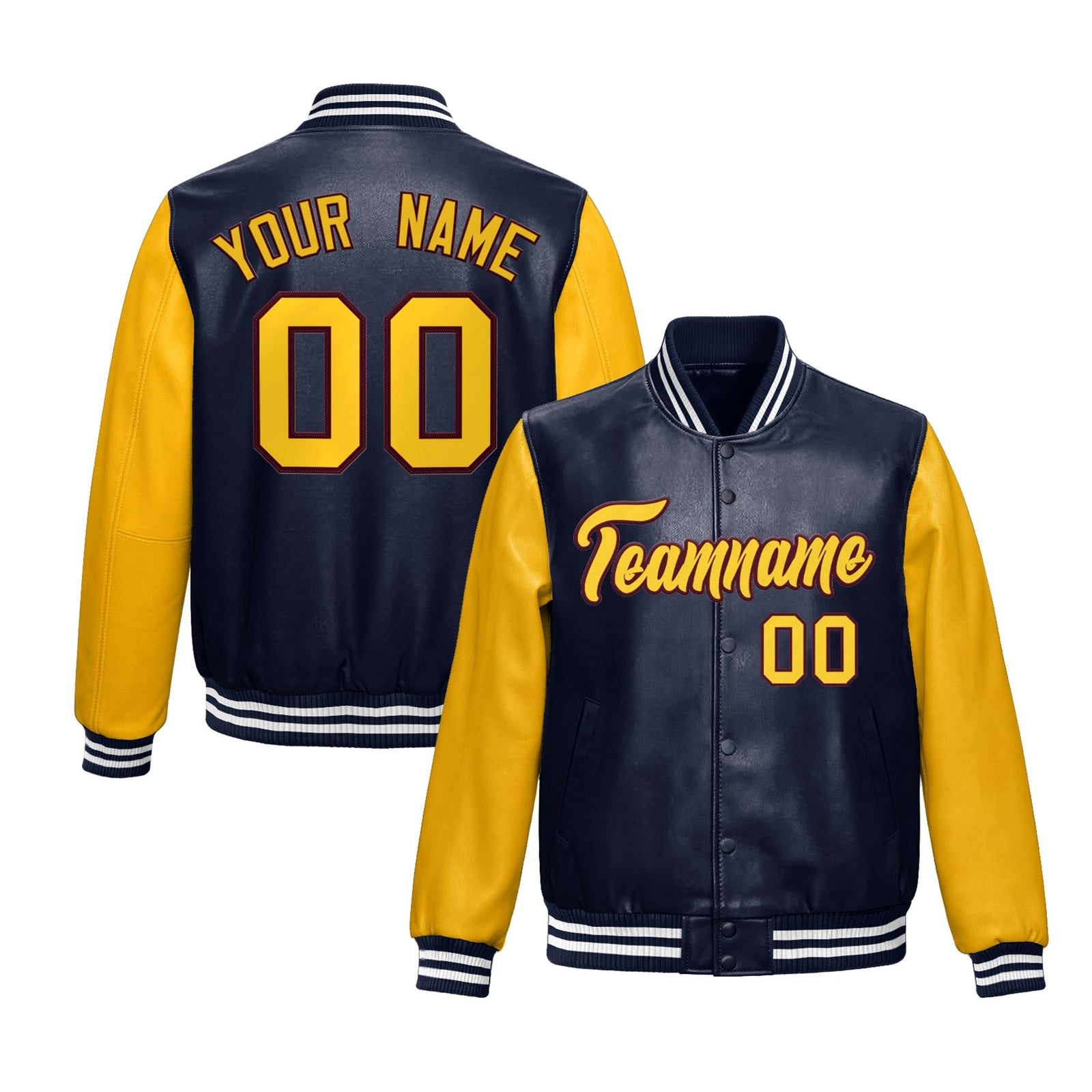 Custom Navy Yellow Raglan Sleeves Full-Snap Varsity Faux Leather Letterman Jacket