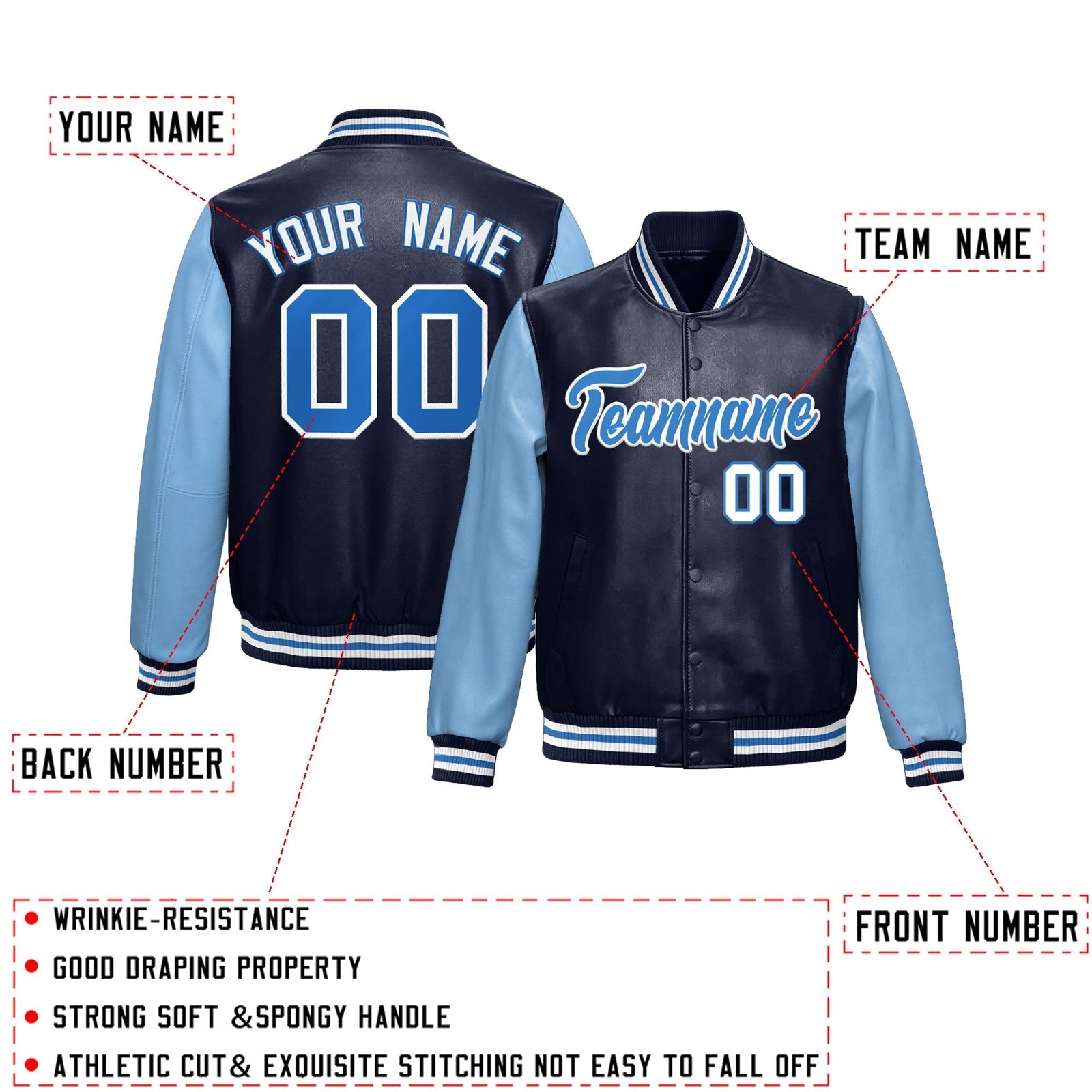 Custom Navy Powder Blue Raglan Sleeves Full-Snap Varsity Faux Leather Letterman Jacket