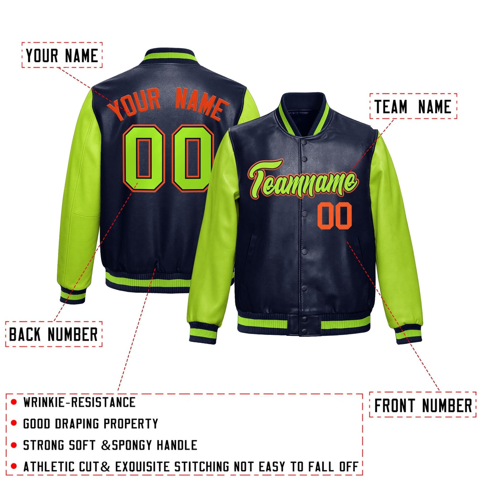 Custom Neon Green Navy Raglan Sleeves Full-Snap Varsity Faux Leather Letterman Jacket