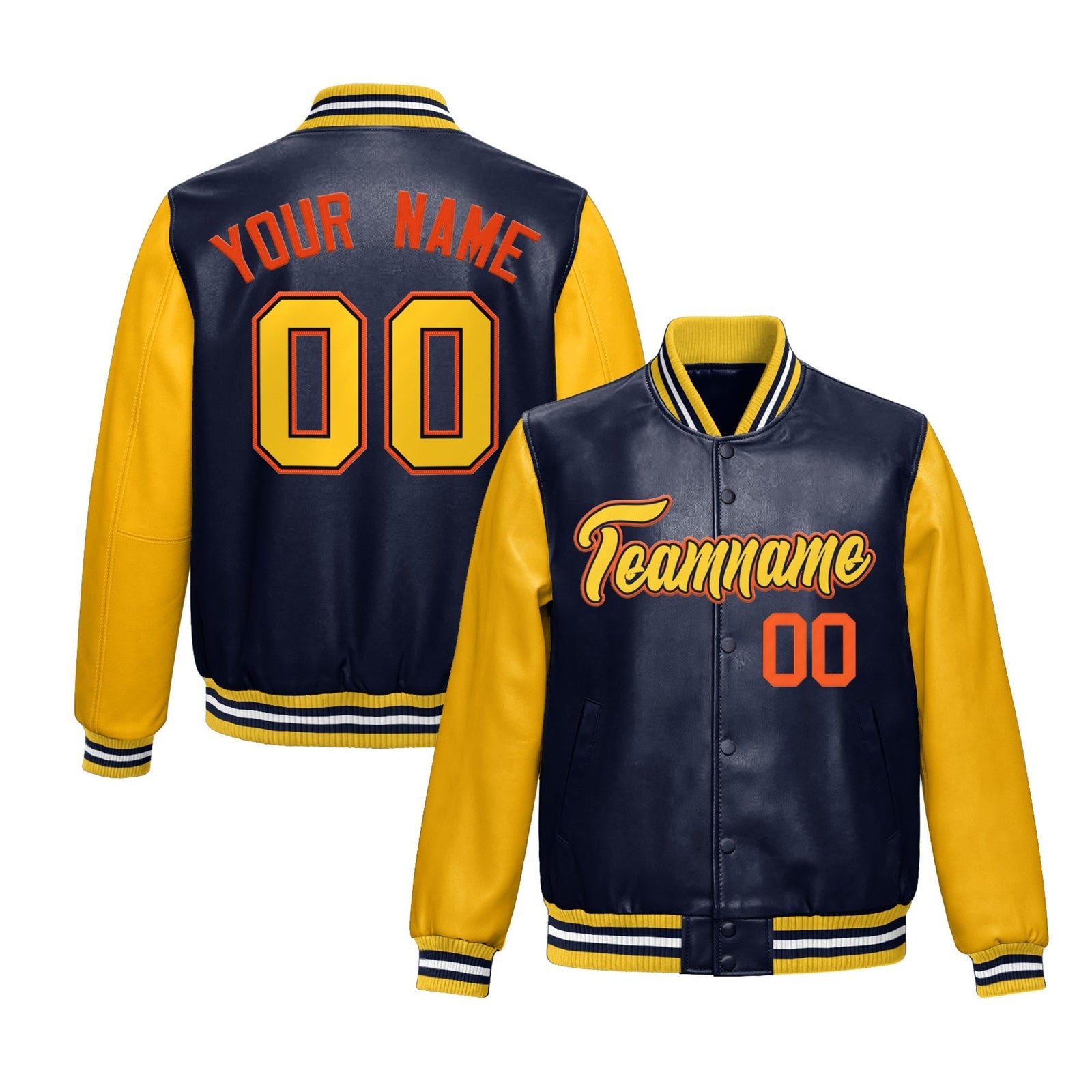 Custom Navy Yellow Raglan Sleeves Full-Snap Varsity Faux Leather Letterman Jacket
