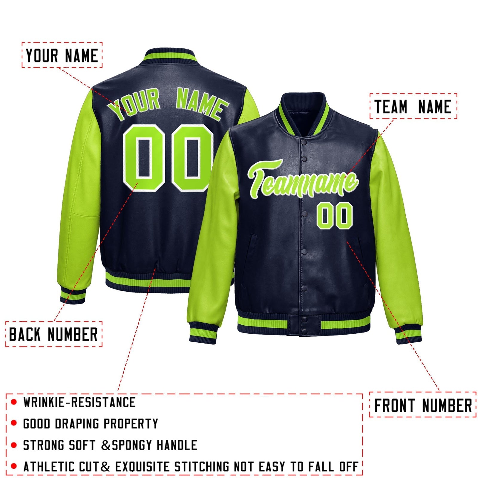 Custom Navy Neon Green Raglan Sleeves Full-Snap Varsity Faux Leather Letterman Jacket