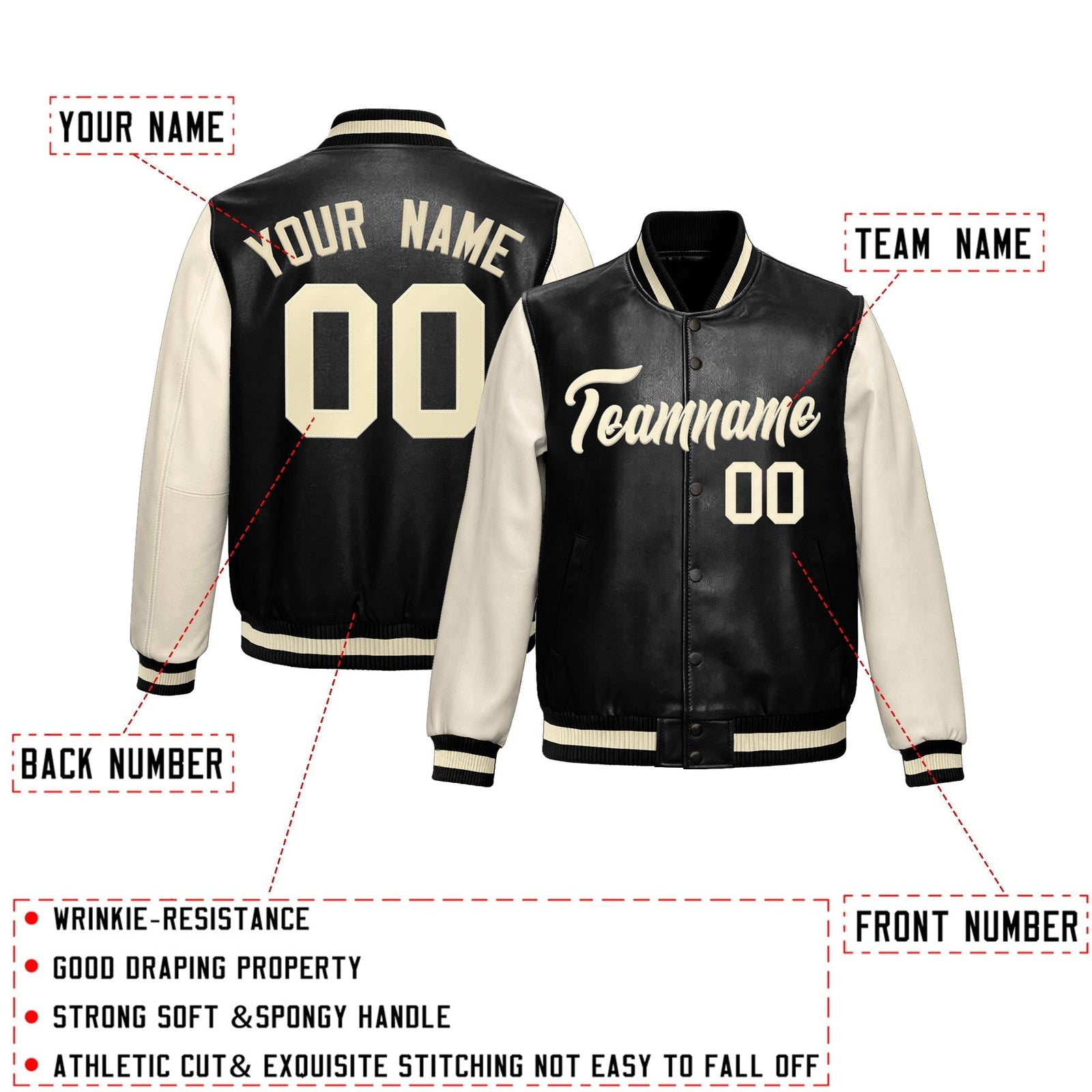 Custom Black Cream Raglan Sleeves Full-Snap Varsity Faux Leather Letterman Jacket