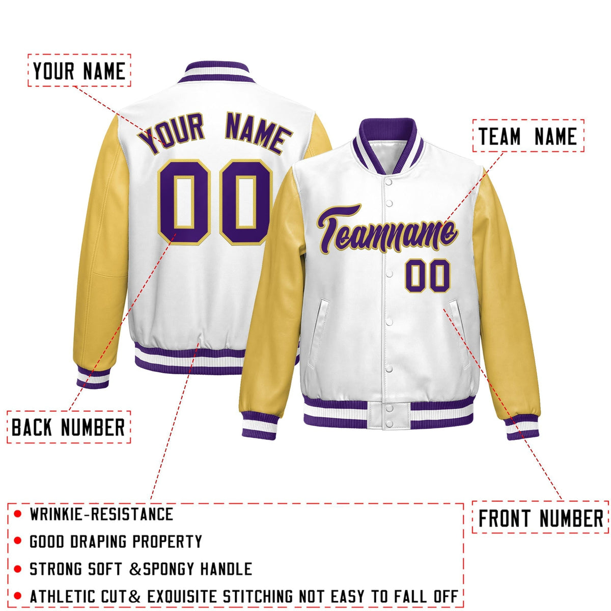 Custom White Khaki Raglan Sleeves Full-Snap Varsity Faux Leather Letterman Jacket