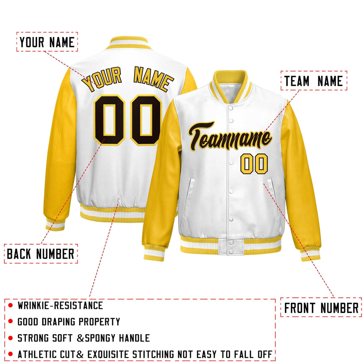 Custom White Yellow Raglan Sleeves Full-Snap Varsity Faux Leather Letterman Jacket