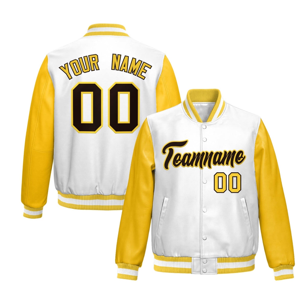 Custom White Yellow Raglan Sleeves Full-Snap Varsity Faux Leather Letterman Jacket