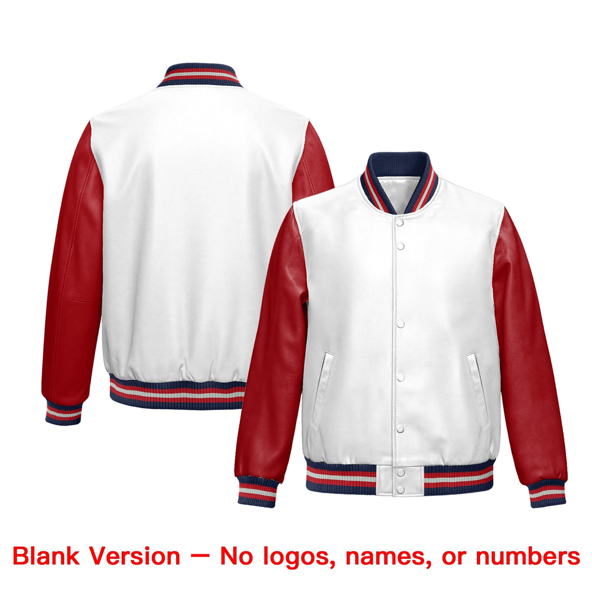 Custom White Red Navy Raglan Sleeves Full-Snap Varsity Faux Leather Letterman Jacket