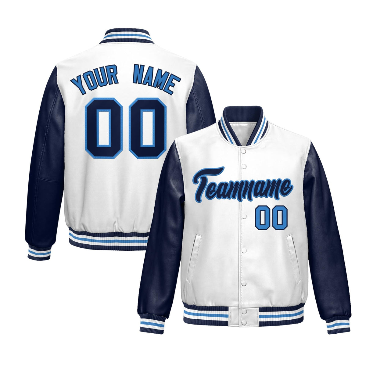 Custom White Navy Raglan Sleeves Full-Snap Varsity Faux Leather Letterman Jacket