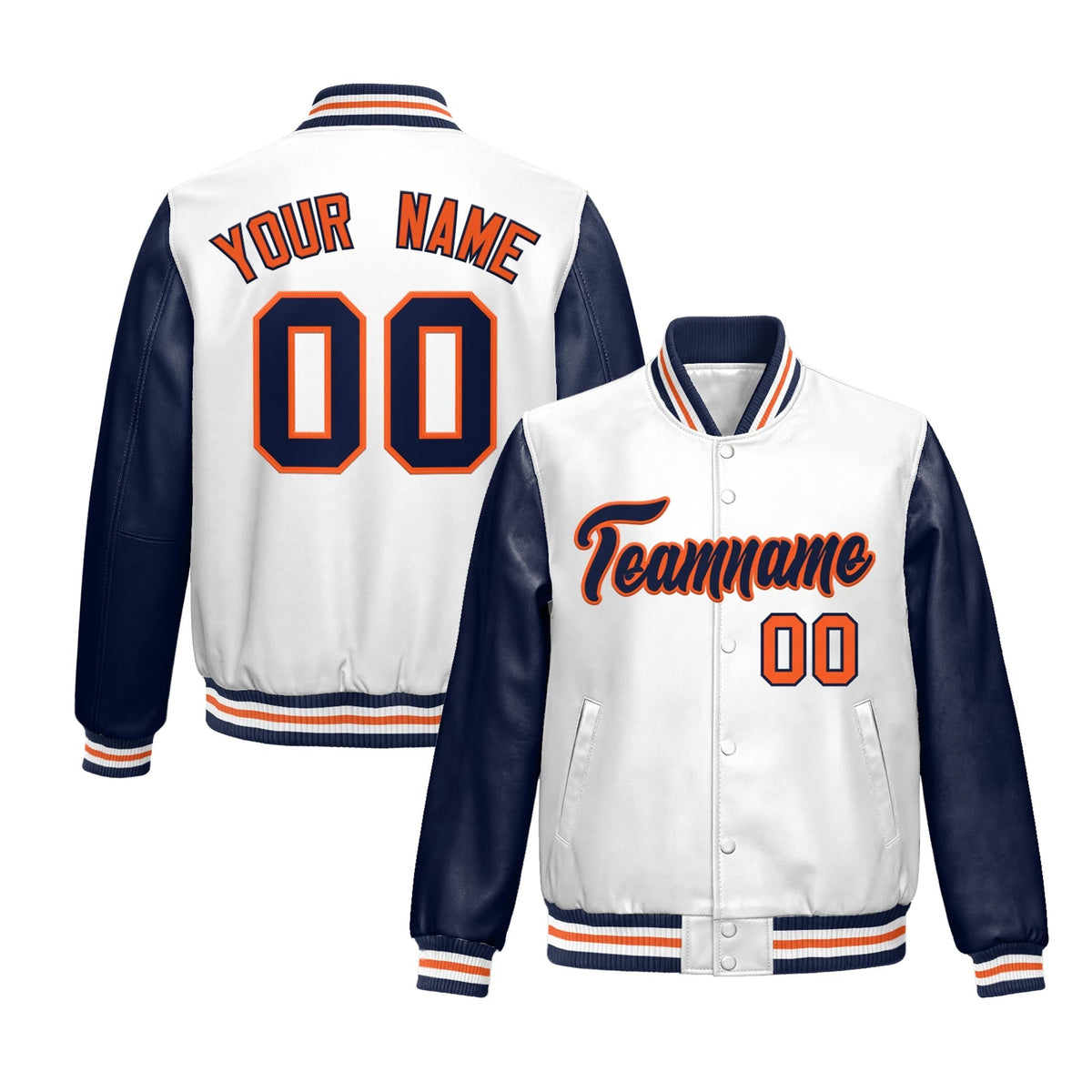 Custom White Navy Raglan Sleeves Full-Snap Varsity Faux Leather Letterman Jacket