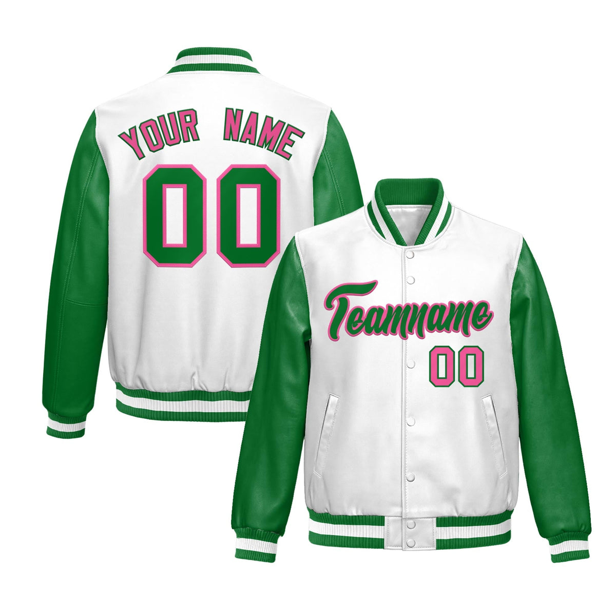 Custom Kelly Green White Raglan Sleeves Full-Snap Varsity Faux Leather Letterman Jacket