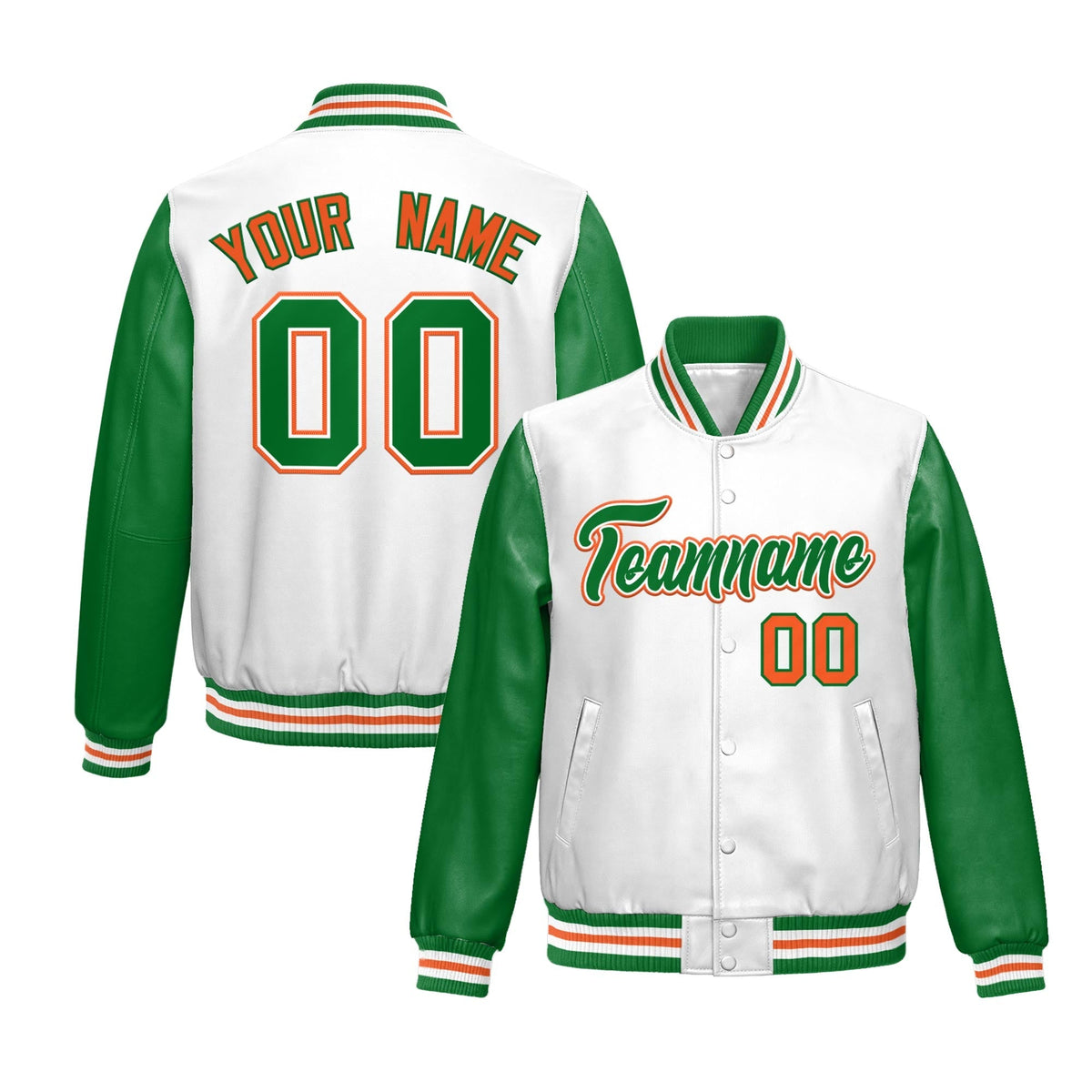 Custom White Kelly Green Raglan Sleeves Full-Snap Varsity Faux Leather Letterman Jacket