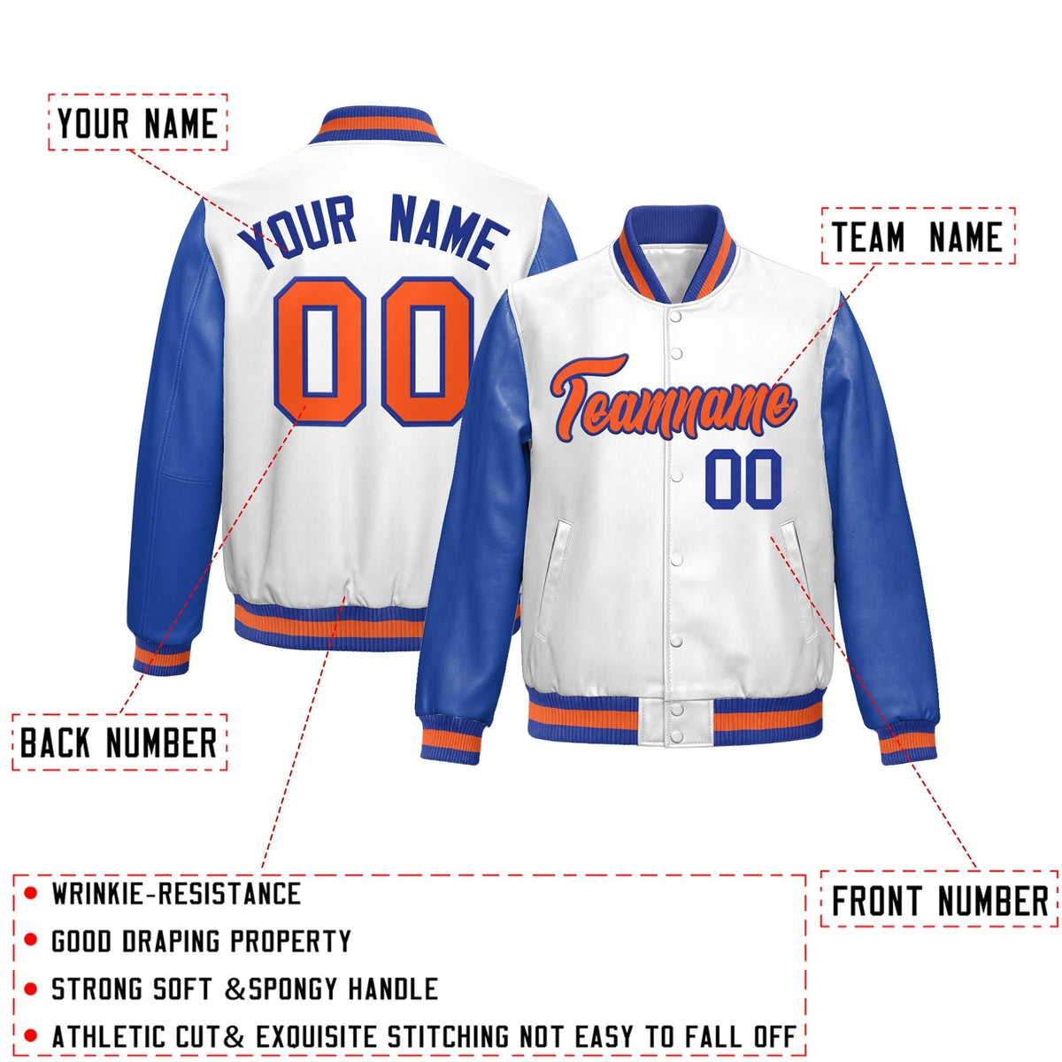 Custom White Royal Blue Raglan Sleeves Full-Snap Varsity Faux Leather Letterman Jacket