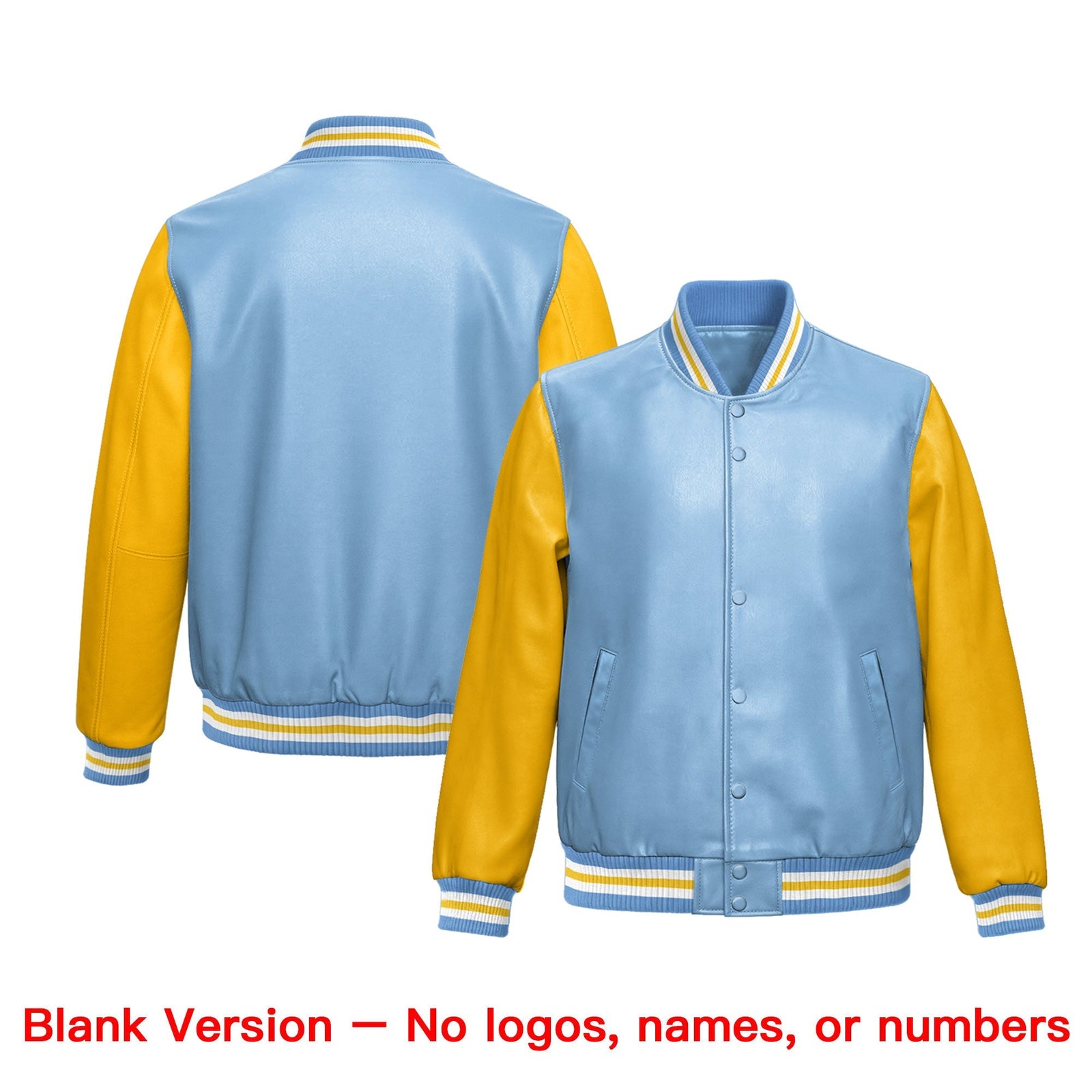 Custom Powder Blue Yellow Raglan Sleeves Full-Snap Varsity Faux Leather Letterman Jacket