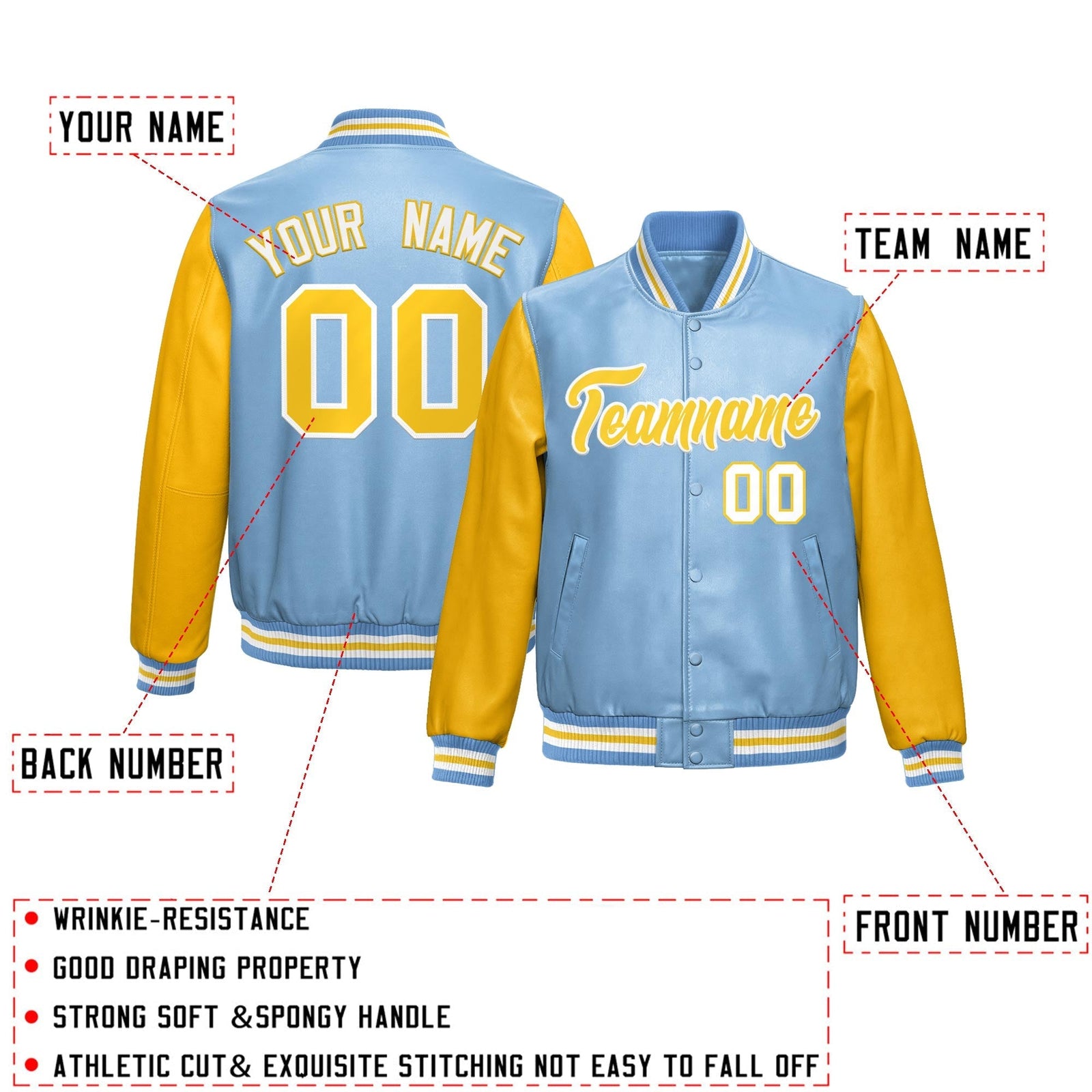 Custom Powder Blue Yellow Raglan Sleeves Full-Snap Varsity Faux Leather Letterman Jacket