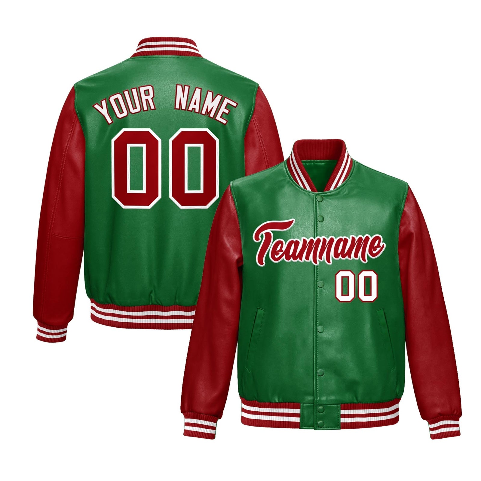 Custom Kelly Green Red Raglan Sleeves Full-Snap Varsity Faux Leather Letterman Jacket