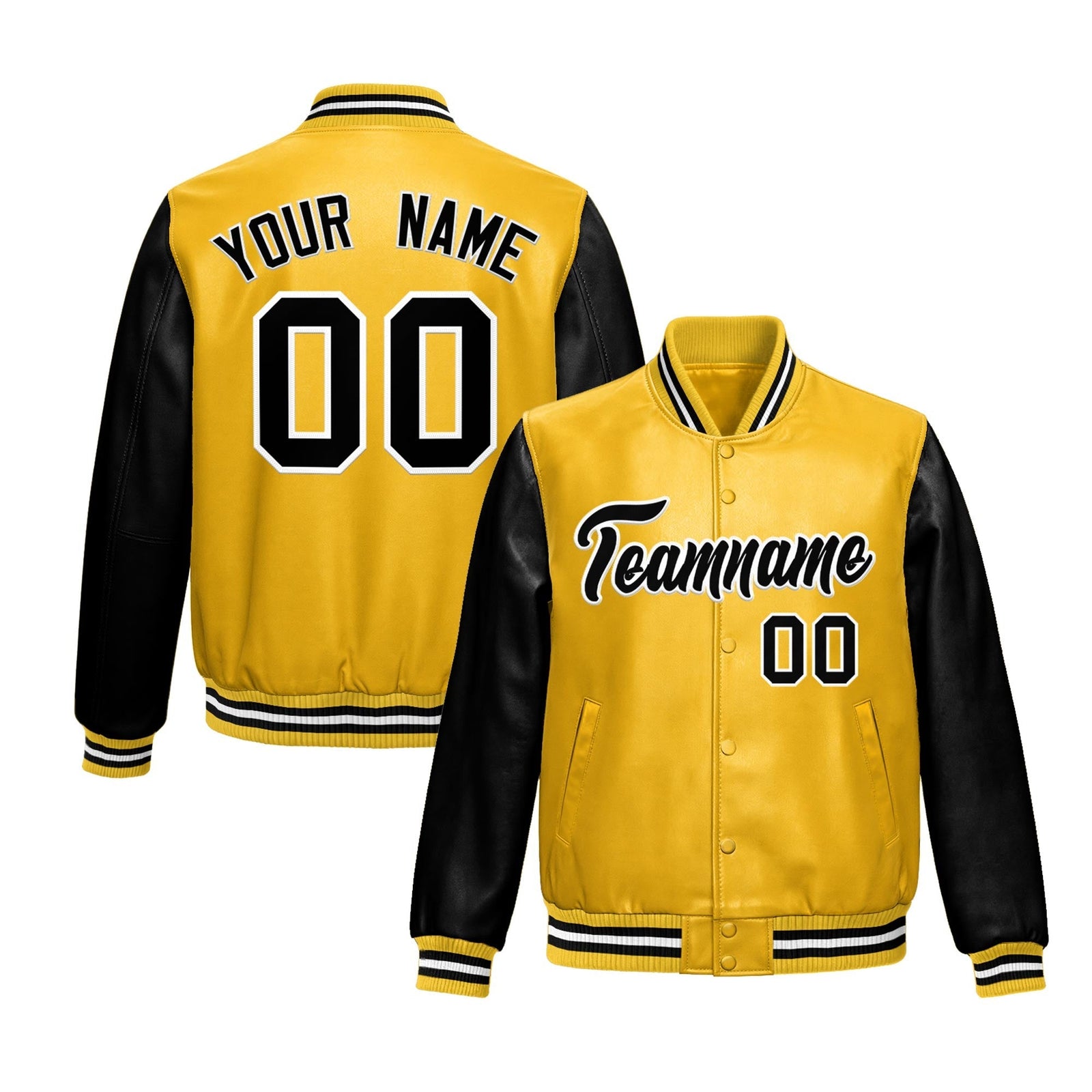Custom Yellow Black Raglan Sleeves Full-Snap Varsity Faux Leather Letterman Jacket