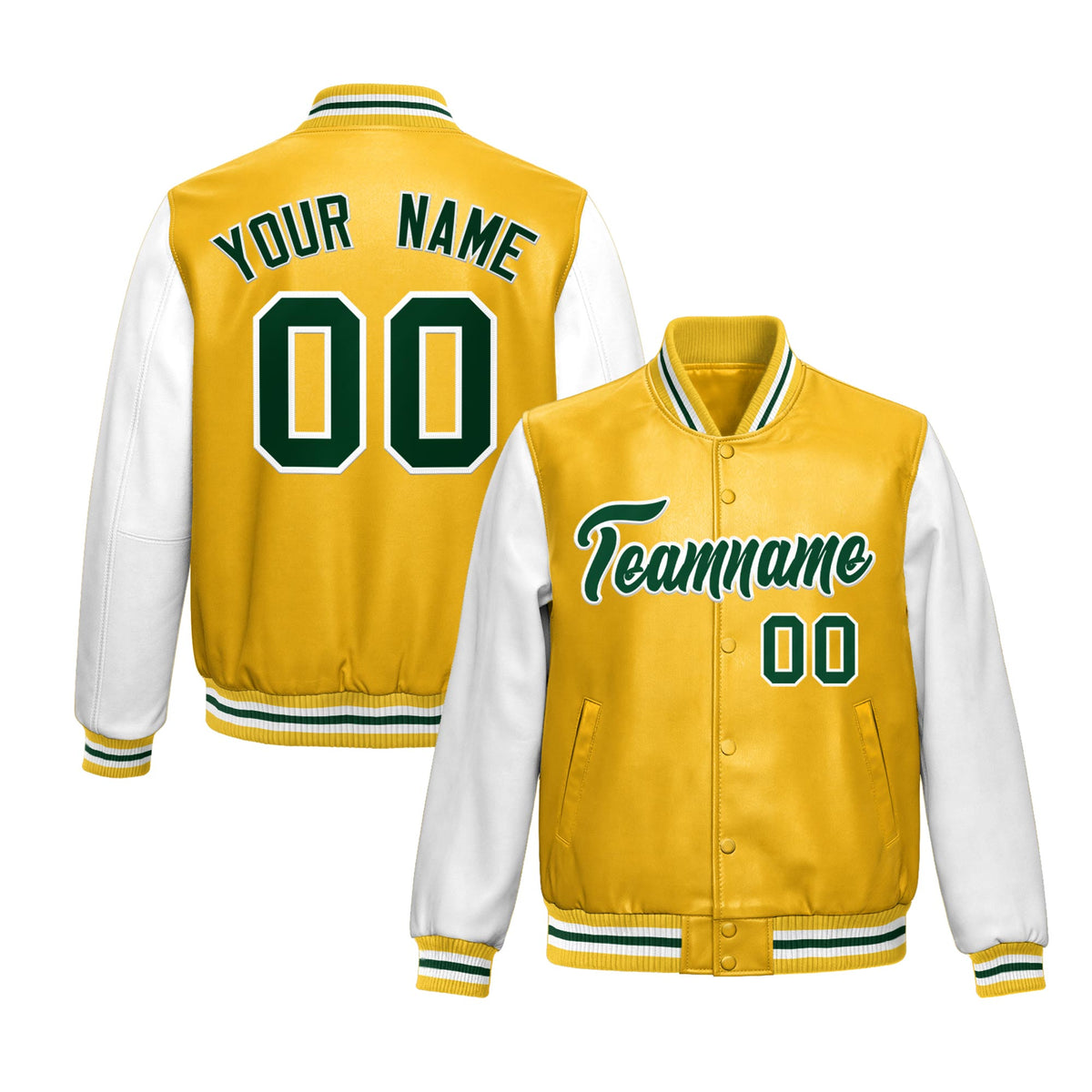 Custom Yellow White Raglan Sleeves Full-Snap Varsity Faux Leather Letterman Jacket