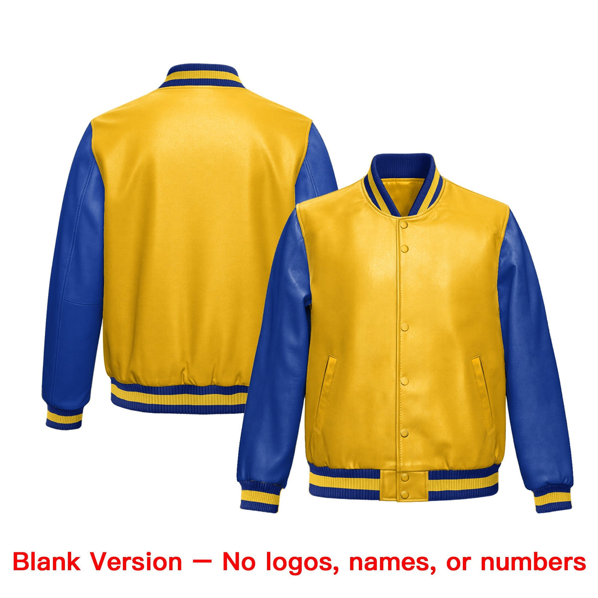 Custom Yellow Royal Blue Raglan Sleeves Full-Snap Varsity Faux Leather Letterman Jacket