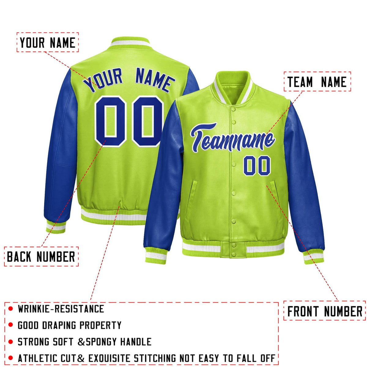 Custom Neon Green Royal Blue Raglan Sleeves Full-Snap Varsity Faux Leather Letterman Jacket