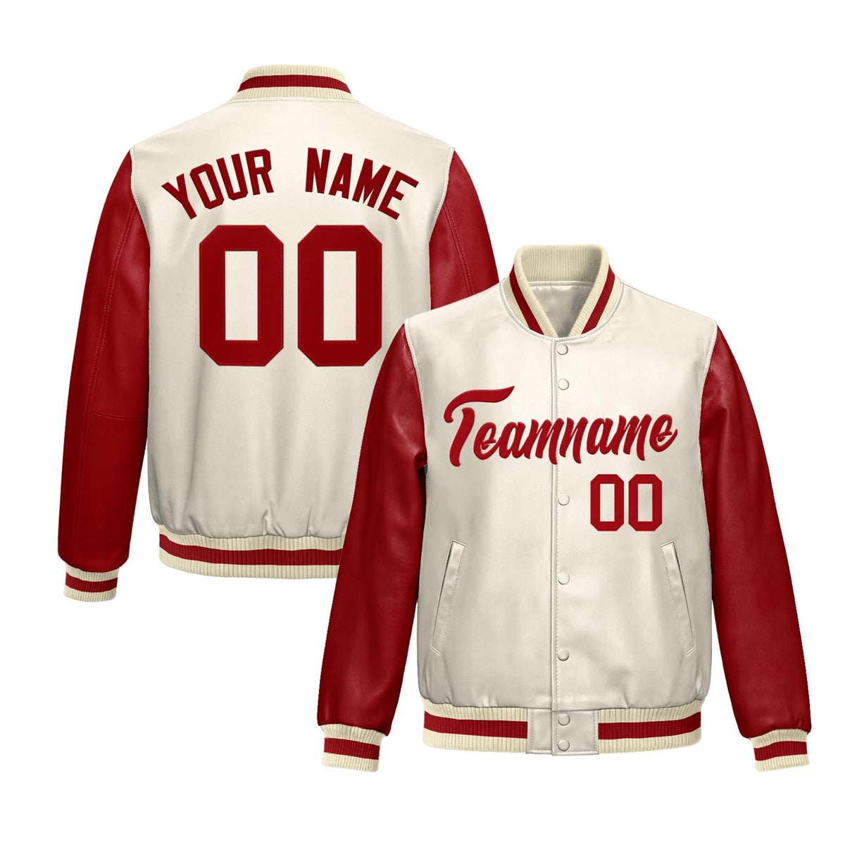 Custom Cream Red Raglan Sleeves Full-Snap Varsity Faux Leather Letterman Jacket