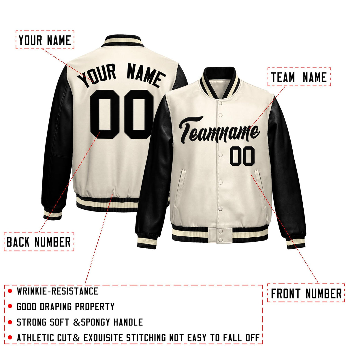Custom Cream Black Raglan Sleeves Full-Snap Varsity Faux Leather Letterman Jacket