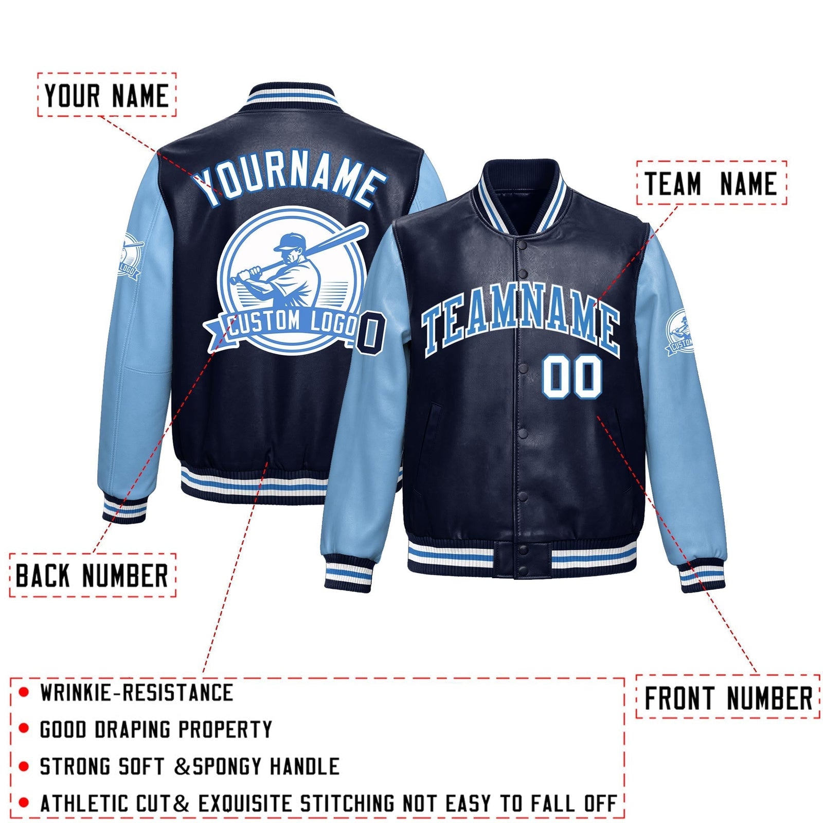 Custom Navy Powder Blue Raglan Sleeves Full-Snap Faux Leather Letterman Jacket| KXKSHOP