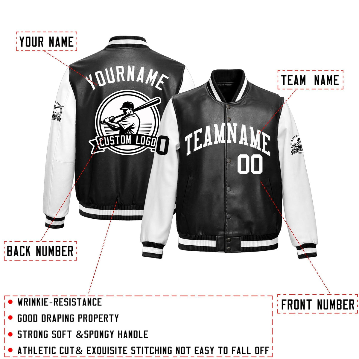 Custom Black White Raglan Sleeves Full-Snap Faux Leather Letterman Jacket| KXKSHOP