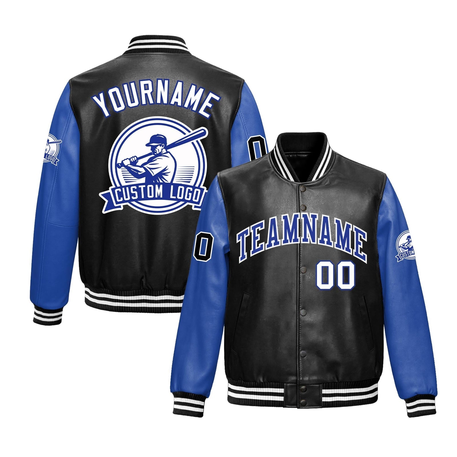 Custom Black Royal Blue Raglan Sleeves Full-Snap Faux Leather Letterman Jacket| KXKSHOP