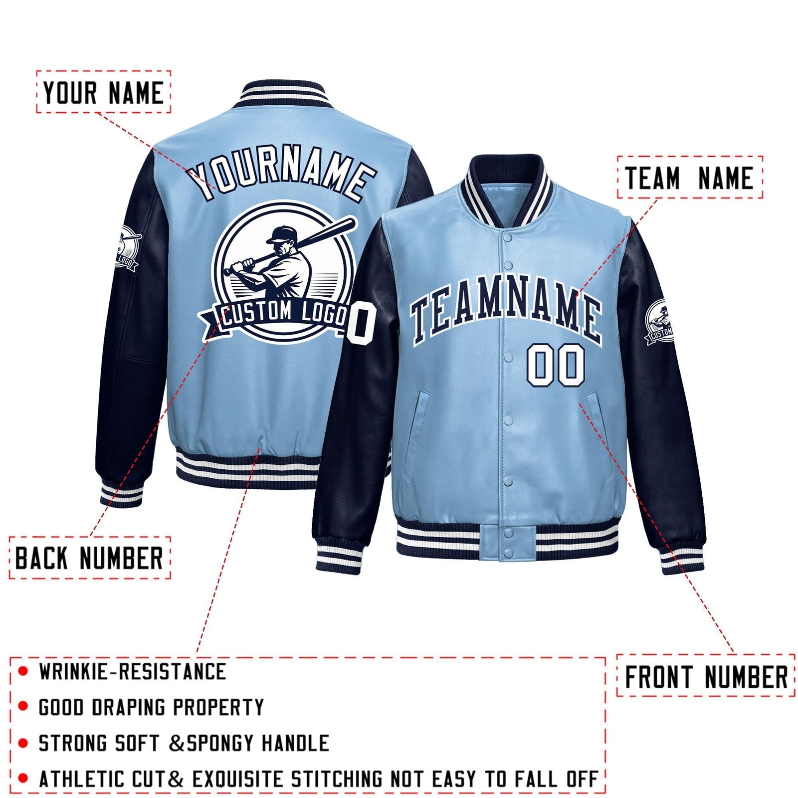 Custom Powder Blue Navy Raglan Sleeves Full-Snap Faux Leather Letterman Jacket| KXKSHOP