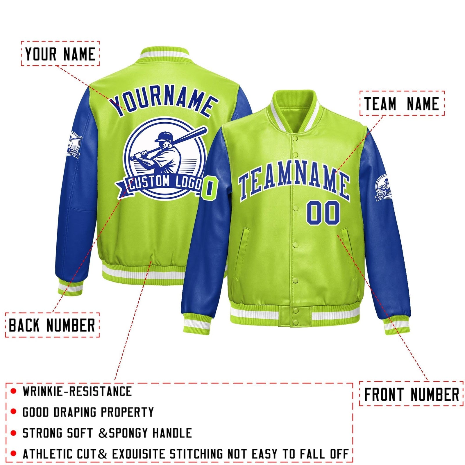 Custom Neon Green Royal Blue Raglan Sleeves Full-Snap Faux Leather Letterman Jacket| KXKSHOP