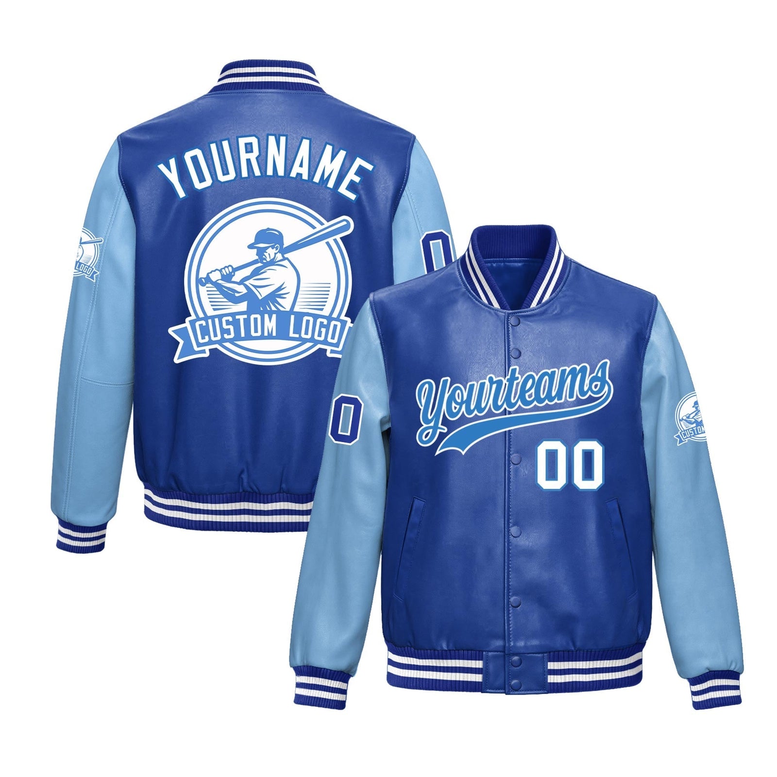 Custom Royal Blue Powder Blue Raglan Sleeves Full-Snap Faux Leather Letterman Jacket| KXKSHOP