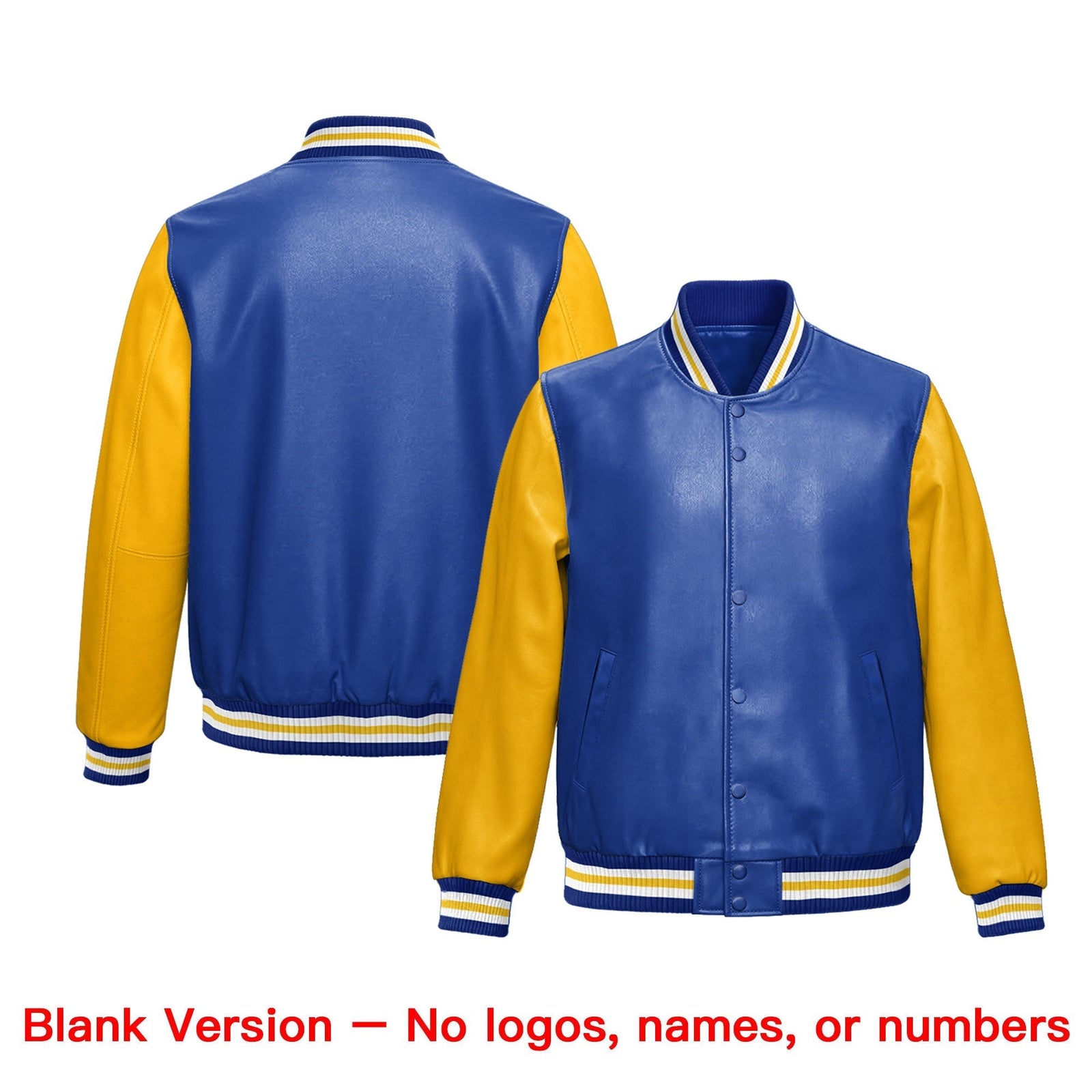 Custom Royal Blue Yellow Raglan Sleeves Full-Snap Faux Leather Letterman Jacket| KXKSHOP