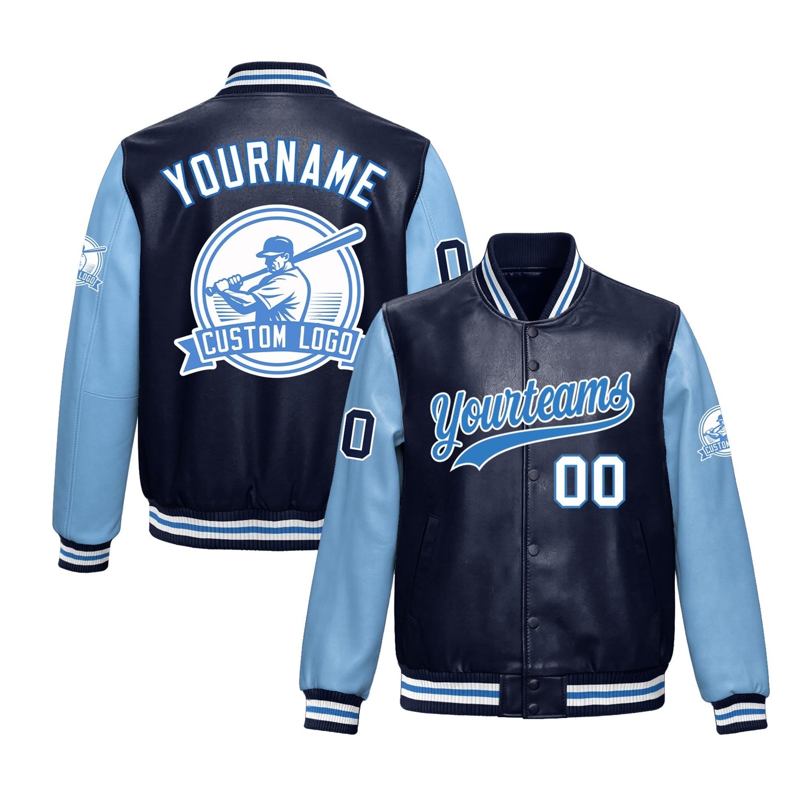 Custom Navy Powder Blue Raglan Sleeves Full-Snap Faux Leather Letterman Jacket| KXKSHOP