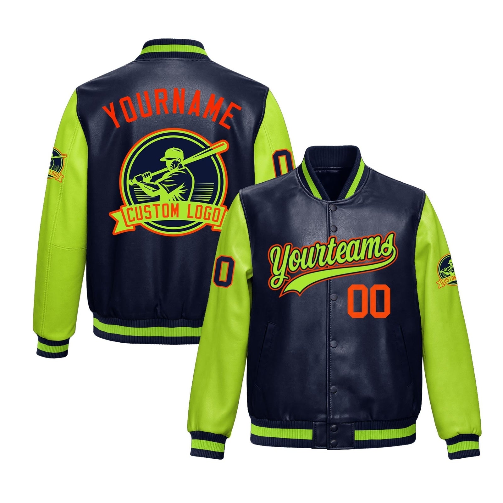 Custom Navy Neon Green Raglan Sleeves Full-Snap Faux Leather Letterman Jacket| KXKSHOP