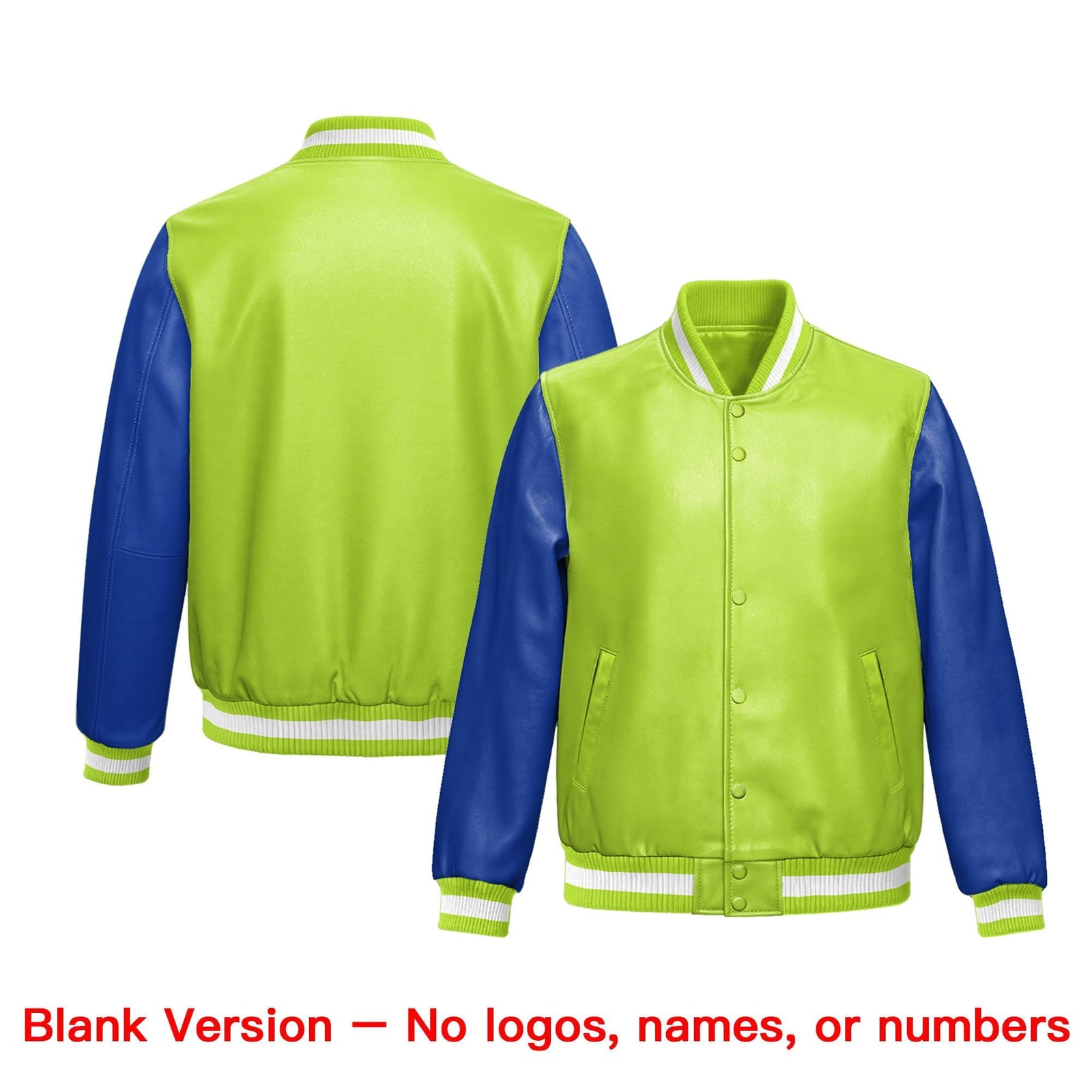 Custom Neon Green Royal Blue Raglan Sleeves Full-Snap Faux Leather Letterman Jacket| KXKSHOP